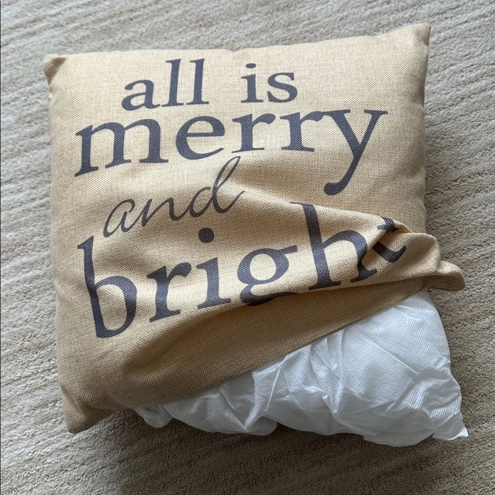 EUC Darice “all is merry and bright” Holiday Pillow Cover and Pillow Form 17”